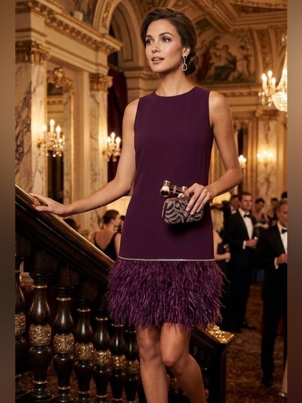 NWT TAHARI Arthur S. Levine Purple Feather Rhinestones Mini Cocktail Dress 12